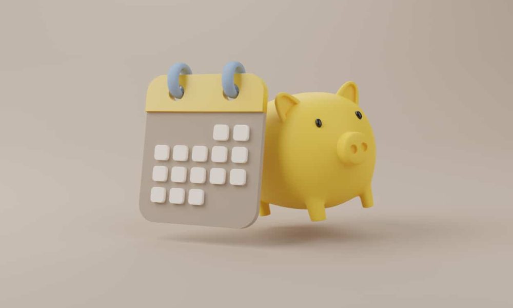 Calendar minimal simple design and yellow piggybank on brown background. Time is money concept. Save money and investment. 3d rendering illustration Calendar minimal simple design and yellow piggybank on brown background. Time is money concept. Save money and investment. 3d rendering illustration